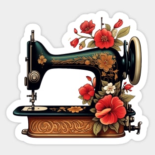 Vintage Sewing Machine With Retro Floral Flowers Sticker